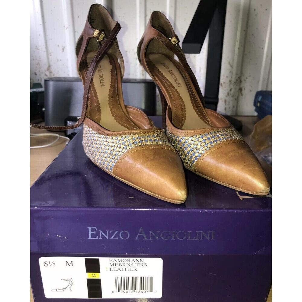 Enzo Angiolini Eamoran 8 1/2 Med Brown Leather & Fabric Stiletto Ankle Buckle